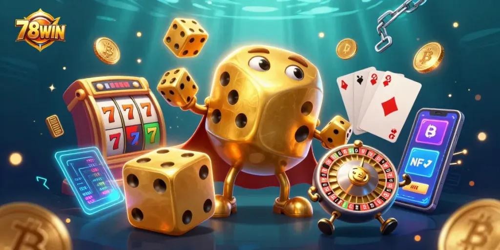 Win big at 78WIN with a vibrant, dynamic casino-themed 3D illustration featuring golden dice.