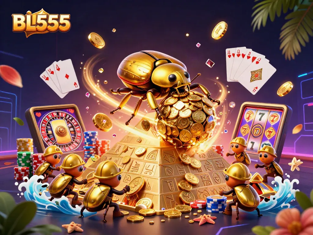 Experience thrilling wins with BL555's vibrant 3D illustration of golden beetles and casino elements.