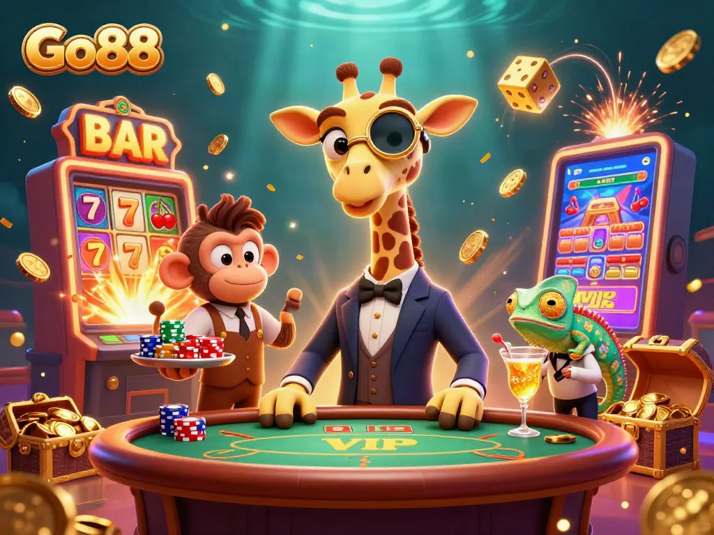 Experience Go88's vibrant casino ambiance with a high-roller giraffe and dynamic gaming elements.