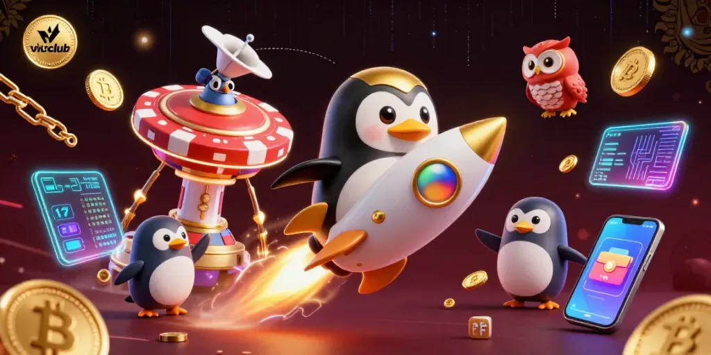 Immerse in vicclub's thrilling casino adventures with golden penguins and neon crypto elements.