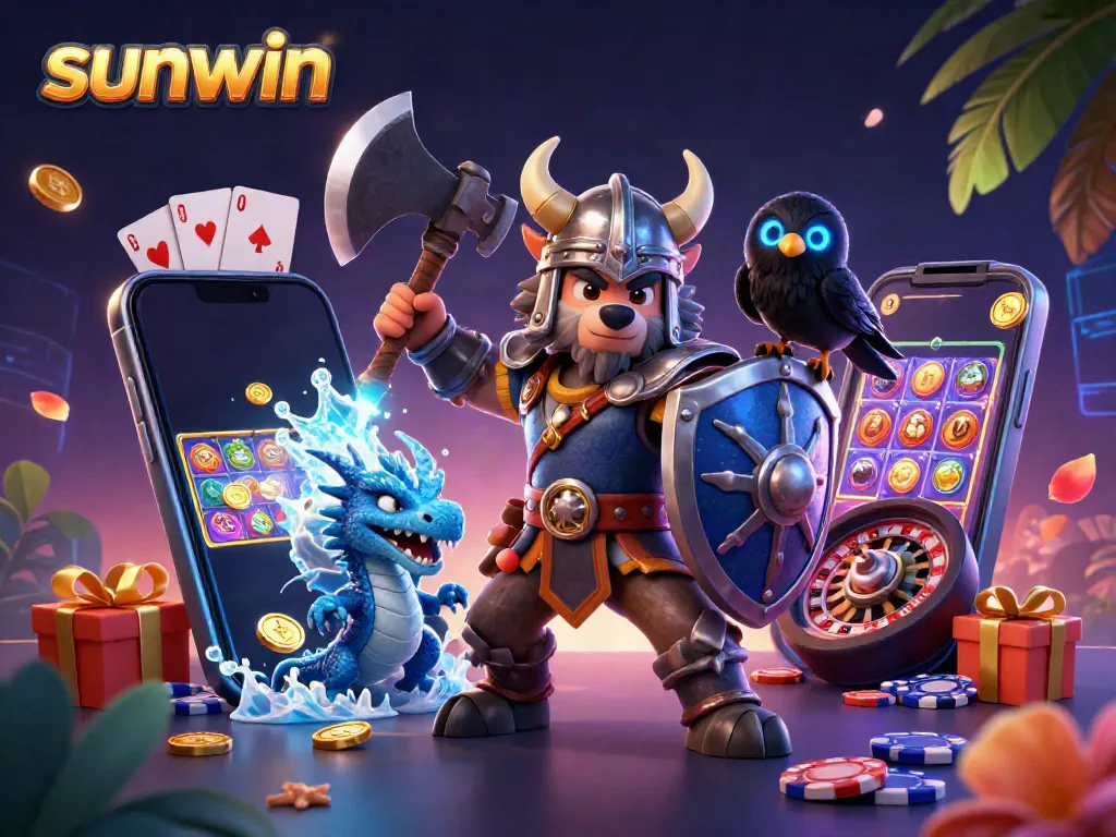 Join the fun with sunwin, showcasing a Viking warrior, dragon, and gaming elements in a vibrant scene.