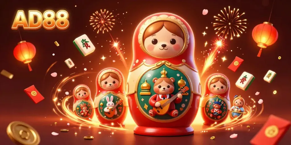 Experience the thrilling AD88 gaming world with festive characters and casino elements in vibrant detail.