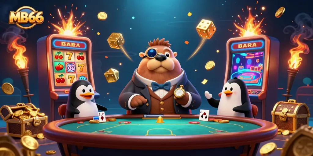 Walrus, penguin dealer, and pufferfish player enjoy the vibrant MB66 casino scene.