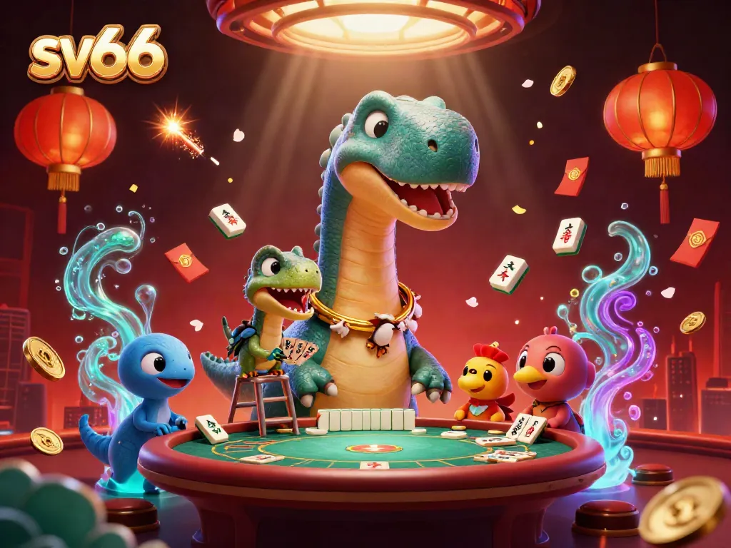 Experience sv66 fun as a giant brontosaurus plays poker with a clever raptor dealer.
