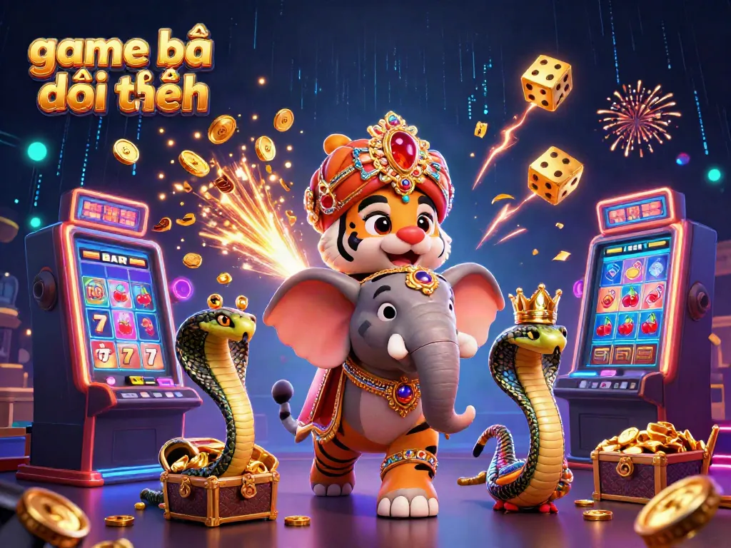 Experience the thrill of game bài đổi thưởng with a vibrant 3D scene featuring a maharaja tiger, a jewel-encrusted elephant, and casino elements.
