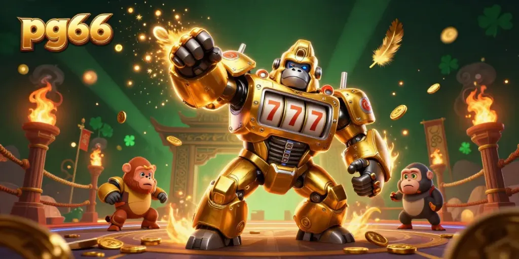Engage in thrilling gameplay at pg66 with a golden gorilla mech amidst casino elements.