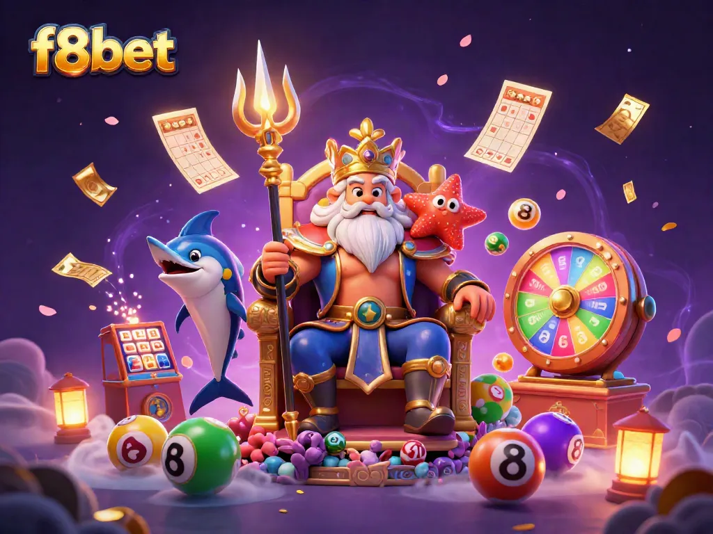 Engage with f8bet's vibrant world of online gaming featuring characters surrounded by colorful gaming elements.