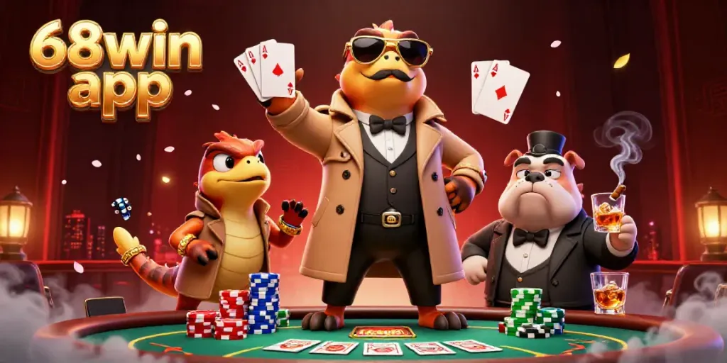Experience the excitement of the 68win app in a dynamic, casino-themed scene with engaging 3D characters.