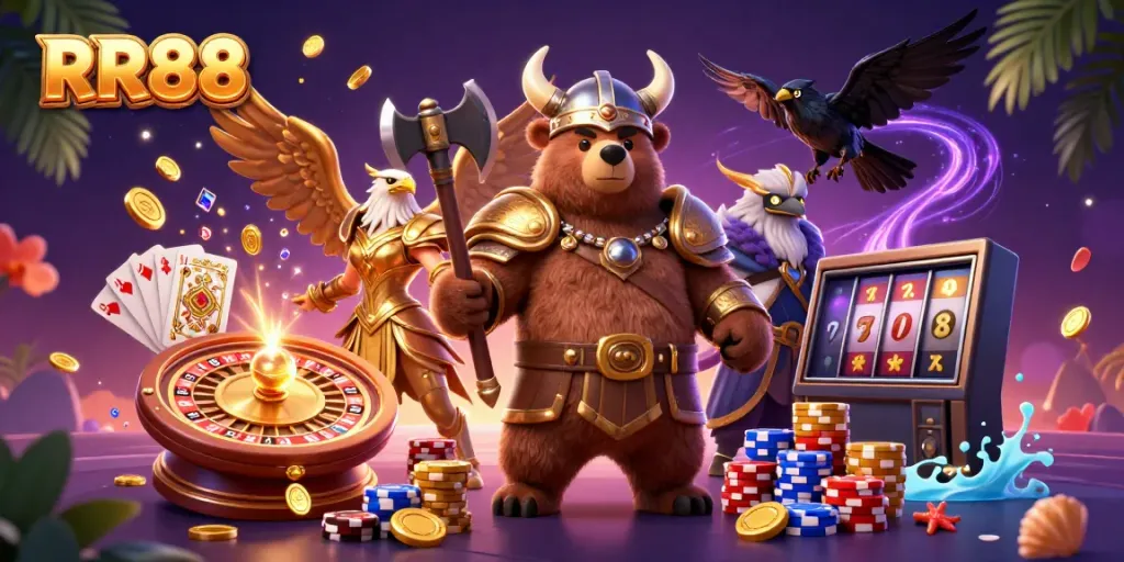 Experience thrilling gameplay with RR88's dynamic casino scene featuring a Viking bear and Valkyrie.