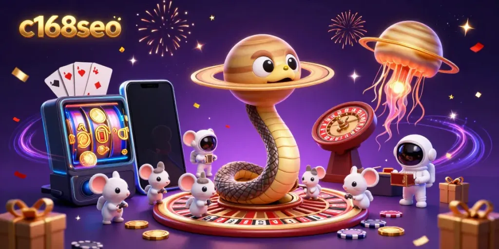 Experience thrilling bets in a whimsical C168 cosmic casino scene featuring playful characters and vibrant gaming elements.