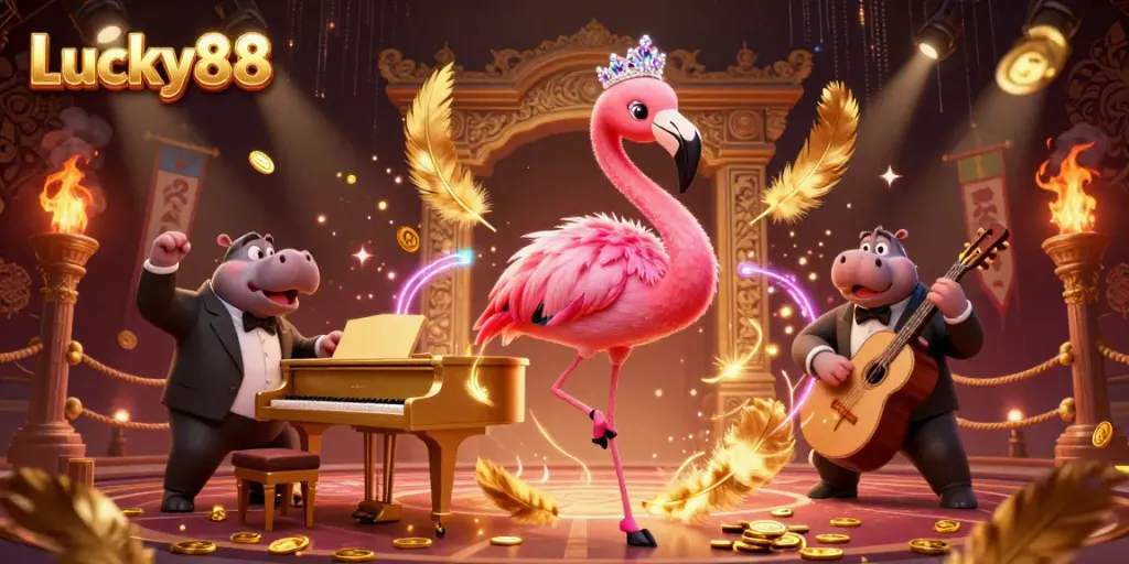 Experience the vibrant ambiance at Lucky88 with a flamingo singer and hippo bassist in this stunning casino illustration.