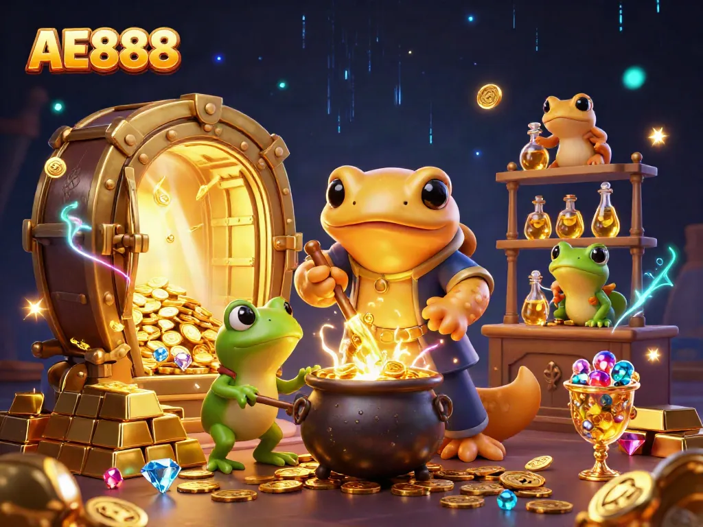 Experience the enchanting casino magic of AE888 with colorful characters and gold treasures.