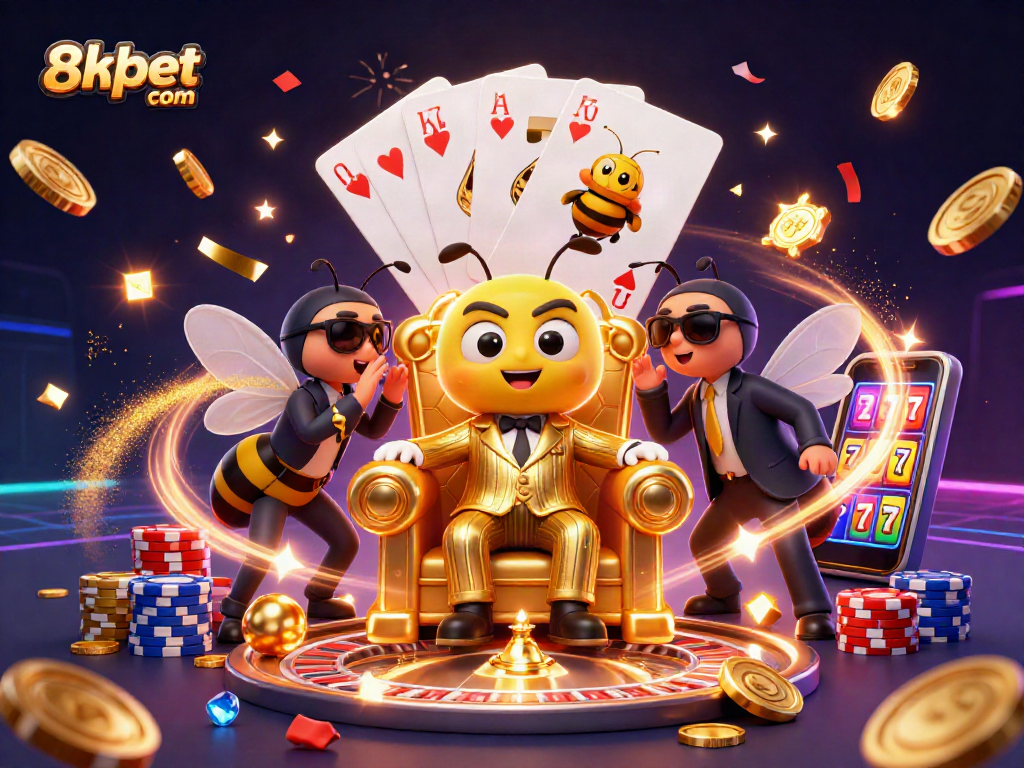 Experience excitement with 8xbet com in this dynamic 3D casino world, showcasing a bumblebee mob boss amidst poker chips and golden coins.