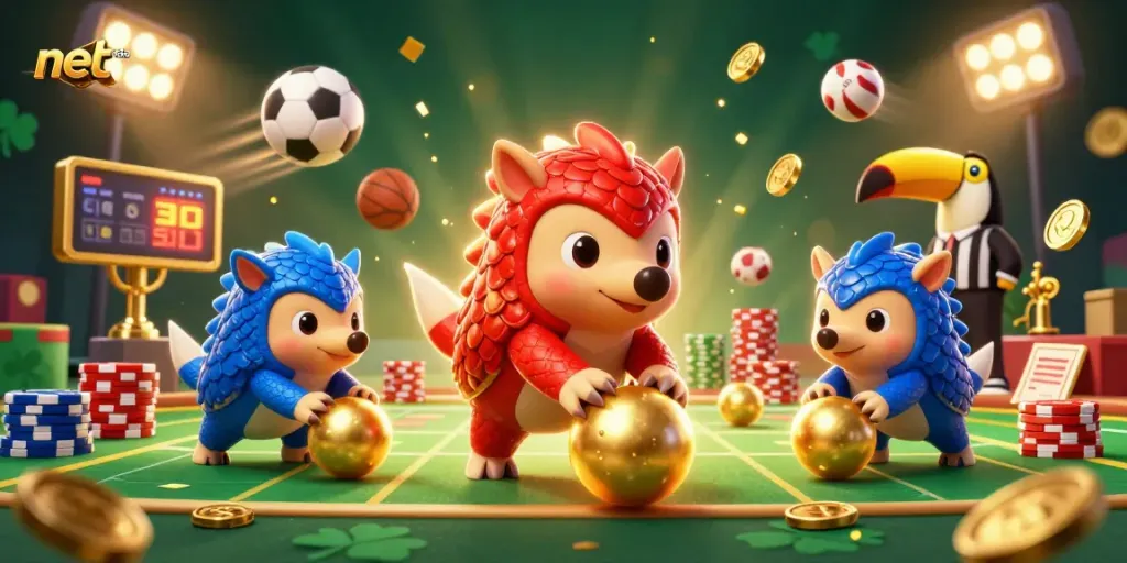 Experience the thrilling competition at net88a with animated pangolins facing off in a colorful casino setting.