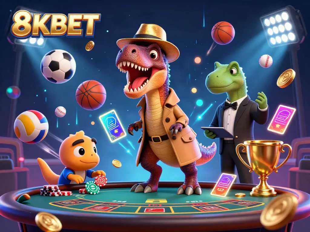 Experience the excitement of 8KBET with a cartoon velociraptor card counter at a blackjack table amidst vibrant gambling elements.