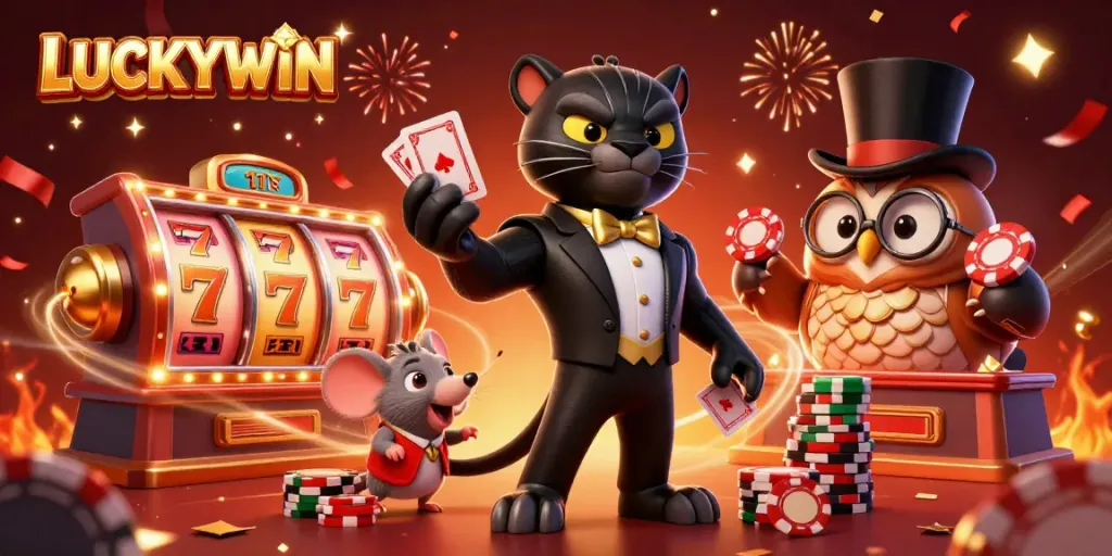 Experience high-stakes gaming excitement at LUCKYWIN with stylish characters and dynamic slot elements.
