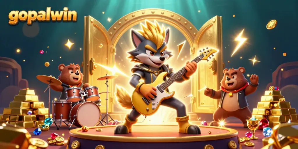 Experience the excitement of gopalwin with a vibrant casino scene featuring a cartoon wolf rock star.