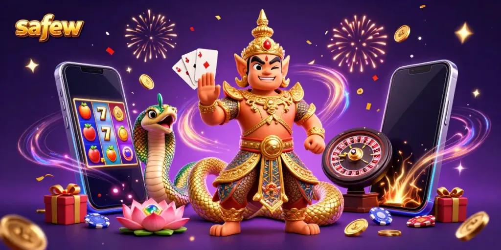 Experience the thrill of safew with a lively casino scene, featuring a guardian and gaming symbols.