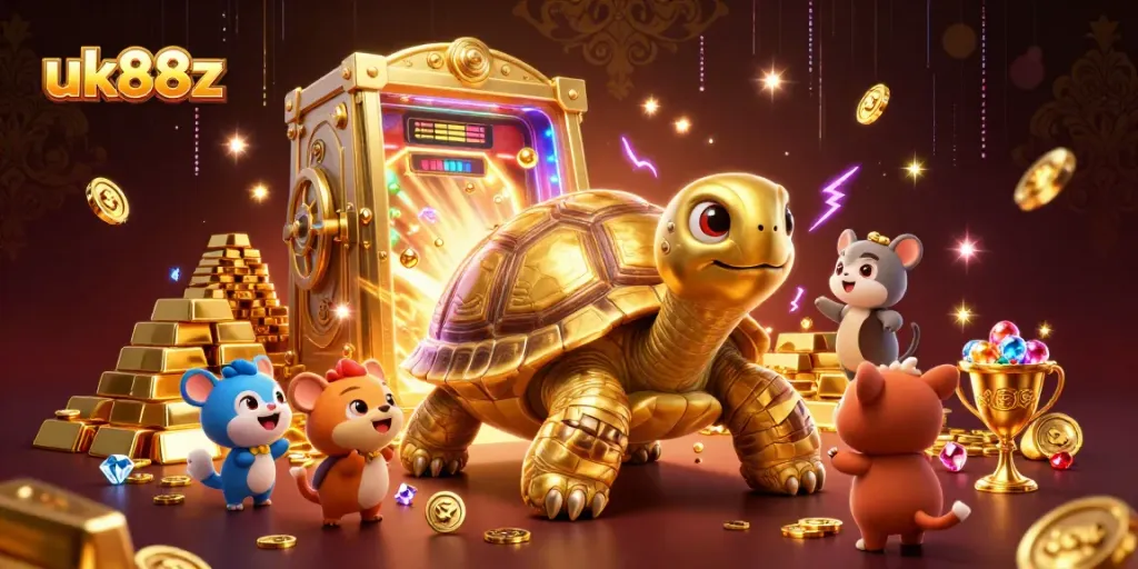 Experience thrilling gameplay at uk88z with a majestic golden tortoise pinball machine in a vibrant casino atmosphere.