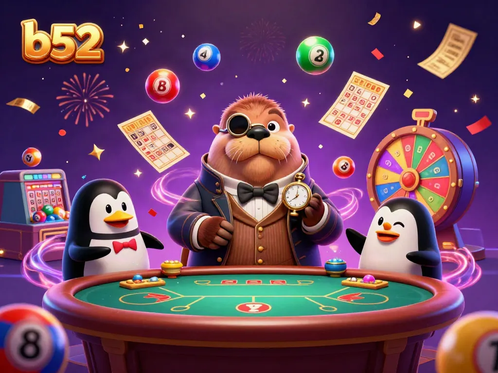 Engage with b52 at an underwater casino with a jolly walrus playing poker while vibrant lottery elements burst around.