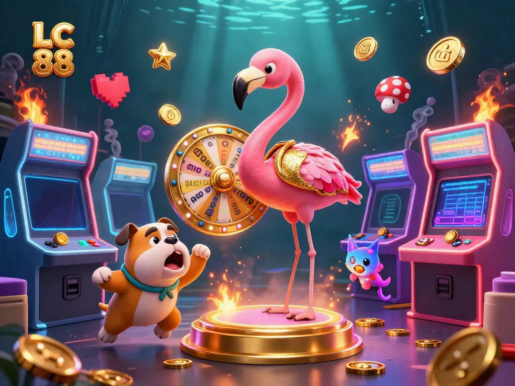 Experience the exciting world of LC 88 with a vibrant casino scene featuring a game show host, bulldog contestant, and exciting prizes.