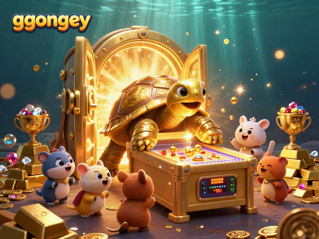 Experience excitement at ggongey with a golden tortoise pinball machine and treasure elements in a vibrant scene.