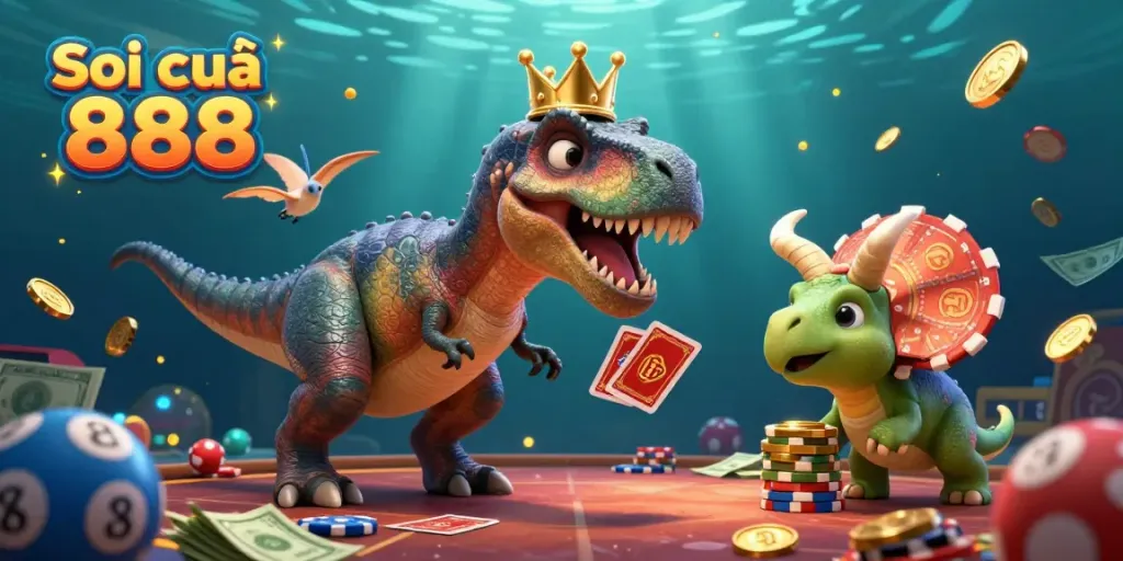 Engage in strategic predictions at Soi cầu 888 with a dinosaur-themed casino scene overflowing with excitement.