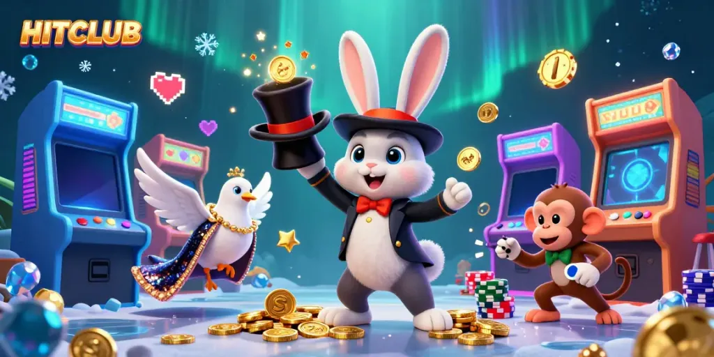 Experience the magic of HITCLUB with cartoon characters amidst neon gaming elements in an enchanting casino scene.