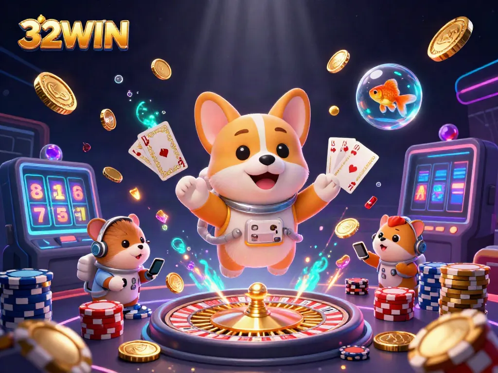 Experience thrilling gameplay with 32WIN's vibrant 3D casino scene featuring colorful chips and glowing elements.