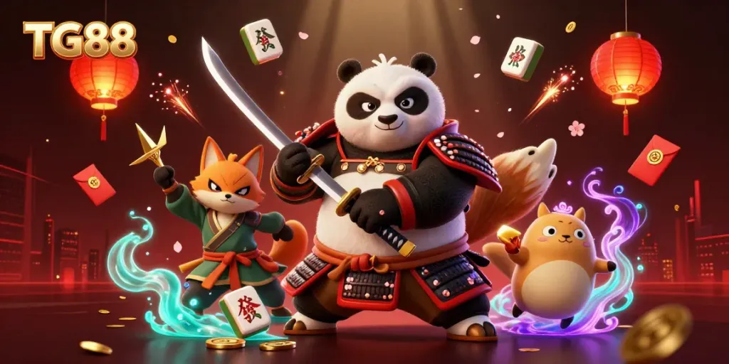 Engage with TG88's vibrant casino world, featuring a samurai panda and ninja fox in a dynamic gaming scene.