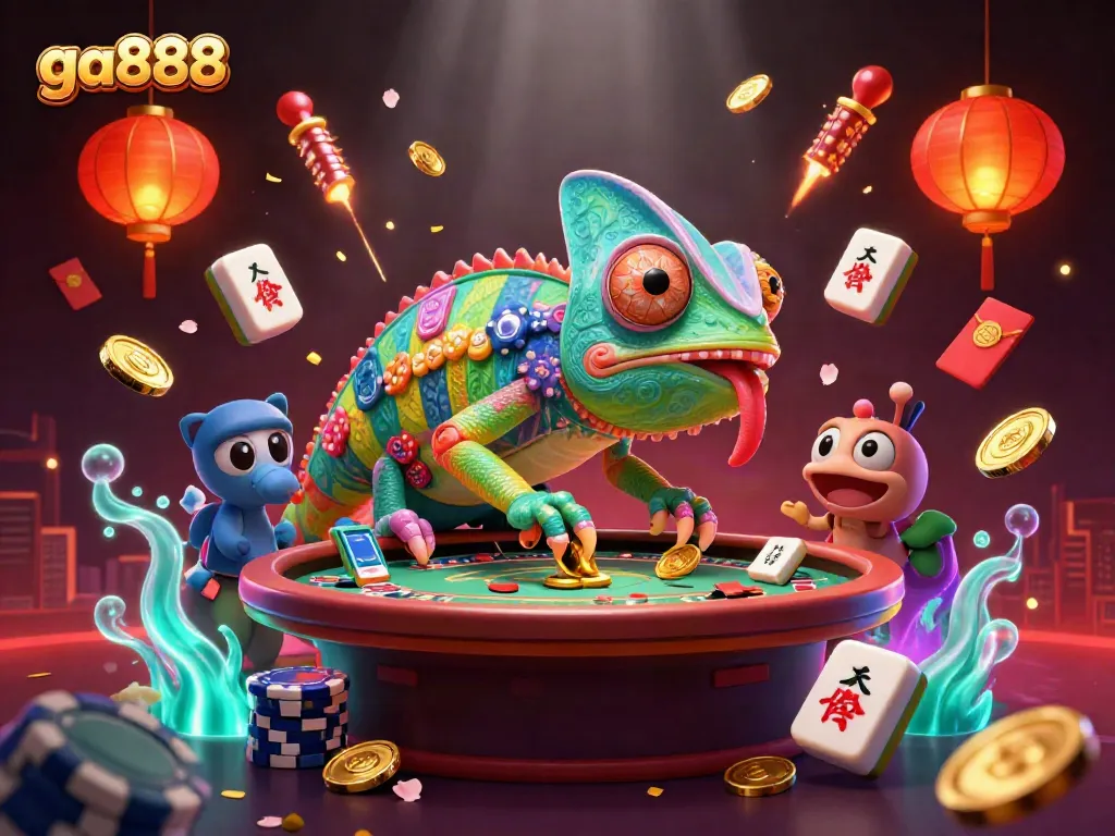 Experience the vibrant ga888 casino atmosphere with a colorful chameleon owner collecting coins amidst exciting gaming elements.