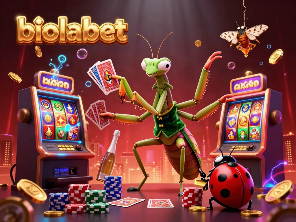 Engage with biolabet's vibrant 3D illustration featuring a giant mantis dealer, slot reels, and sparkling gold.