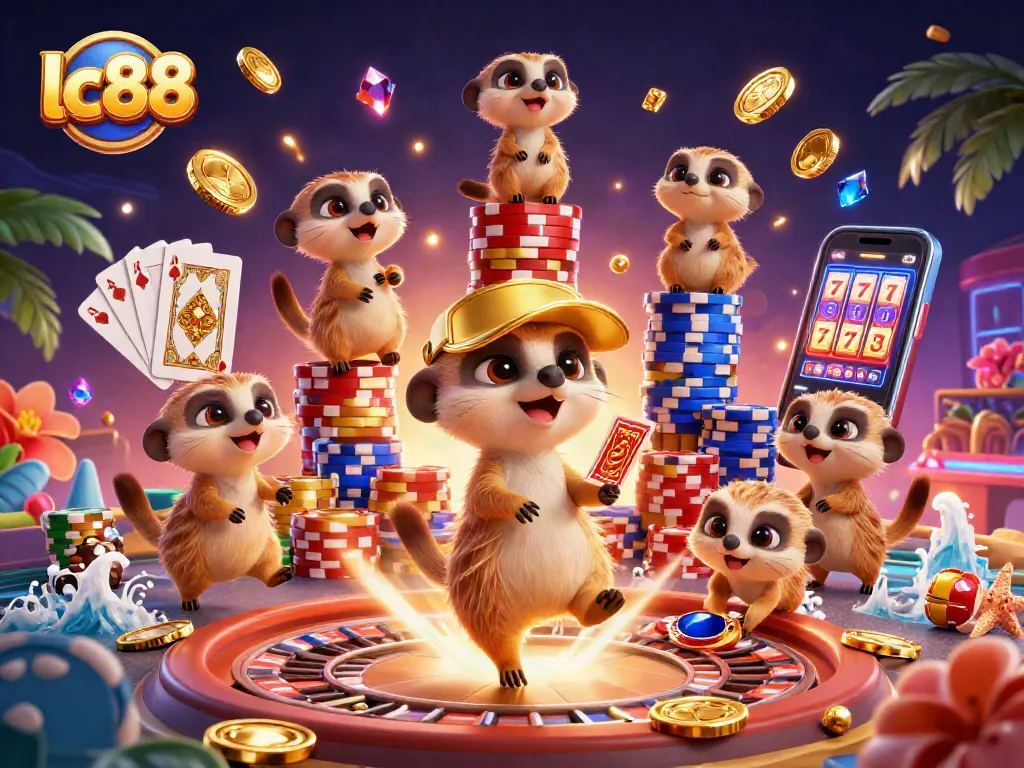 Engage in exciting gaming at lc88 with a dynamic casino scene featuring meerkats managing the operations.