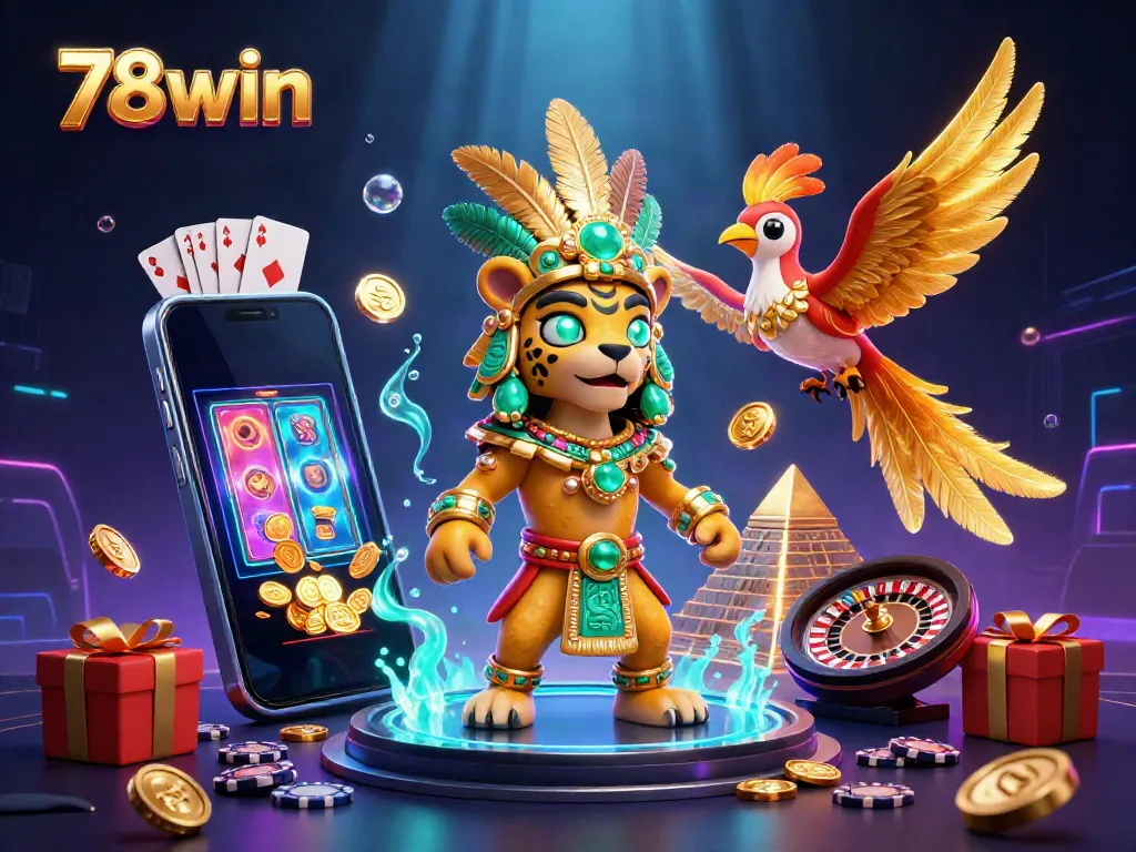 Experience the thrill of gaming with 78win's vibrant gambling scene featuring a Mayan priest and slot games.