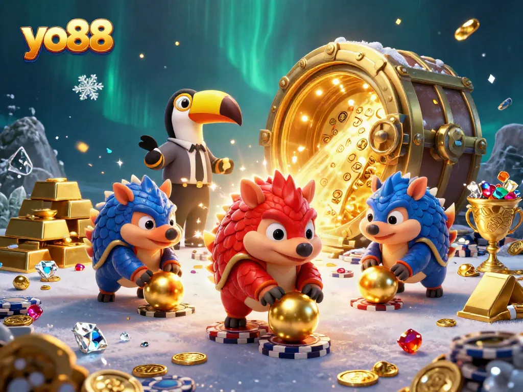Engage with thrilling yo88 adventures featuring competitive pangolins amid vibrant casino visuals.