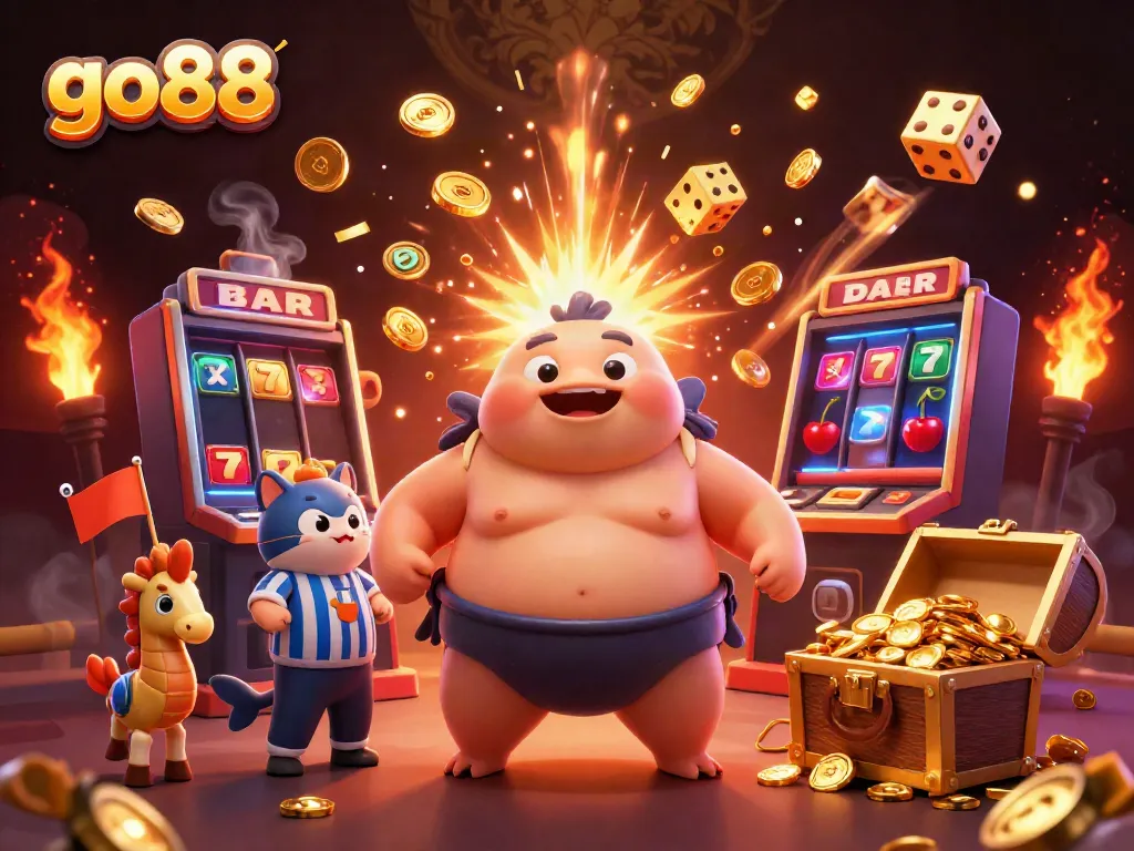 Engage in thrilling casino excitement with go88, a vibrant underwater scene filled with a blowfish, slot machines, and spectacular jackpots.