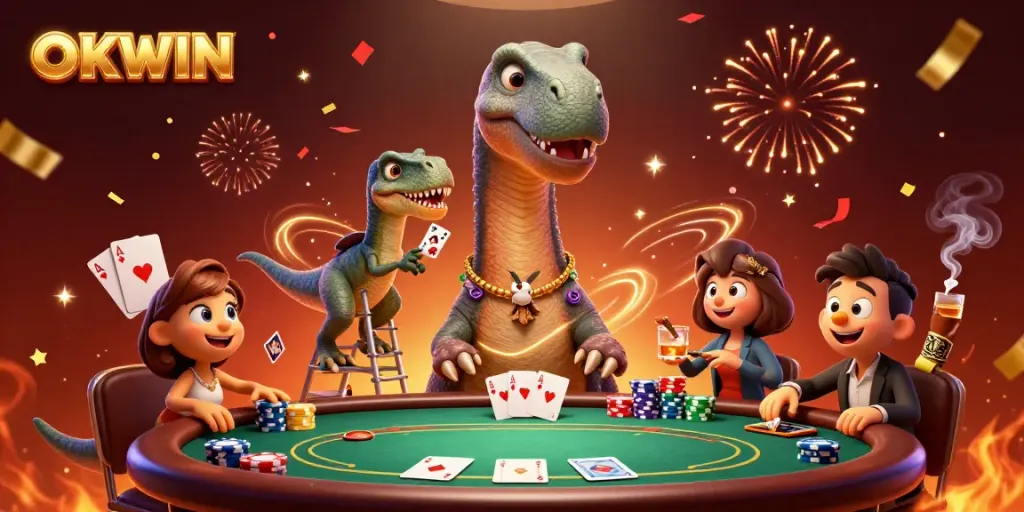 Engage in thrilling poker action as OKWIN offers a dynamic casino illustration with vibrant characters and gameplay.